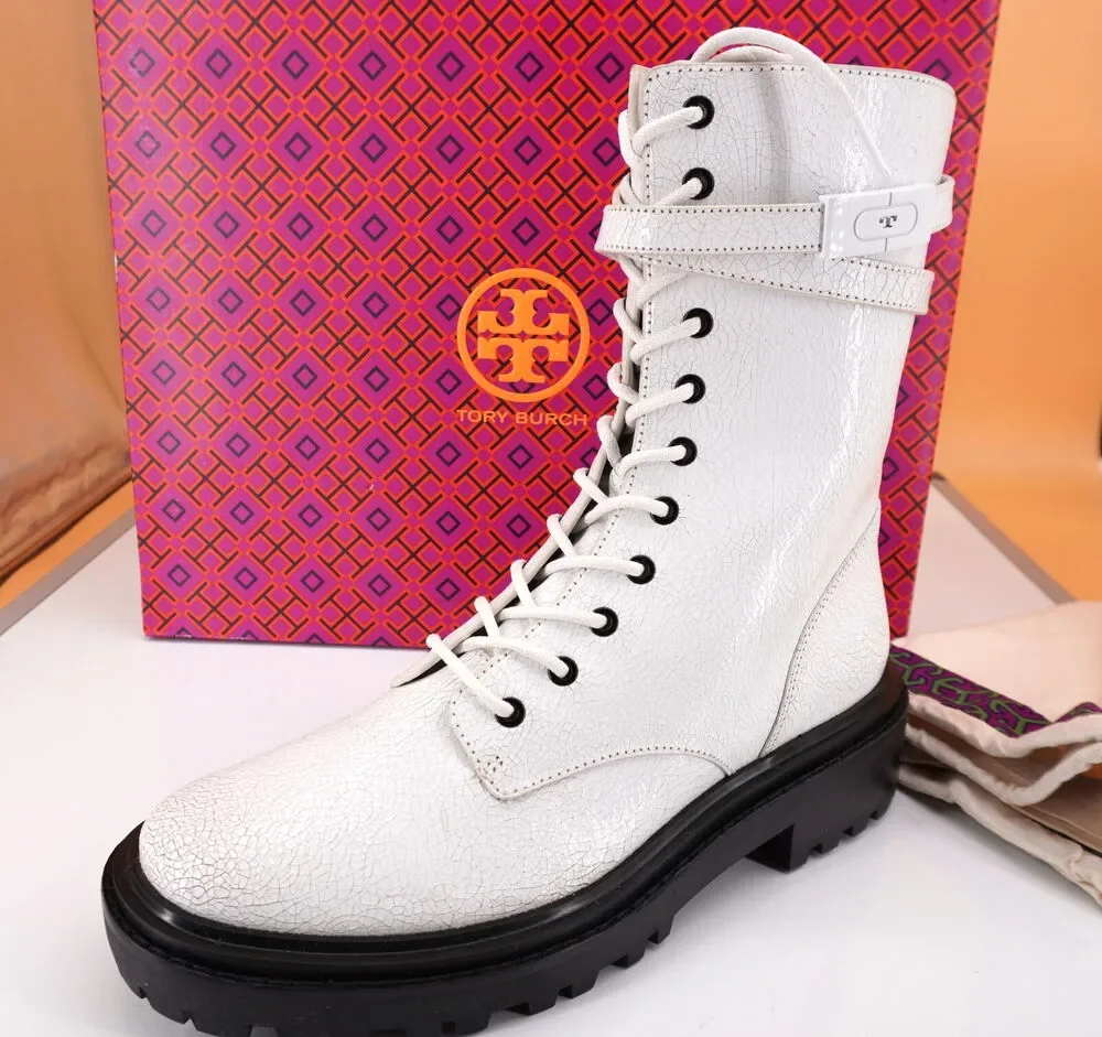 Tory Burch Combat White Crackled Suede Lace Up Ankle Boots SZ 10 Lug Logo $495